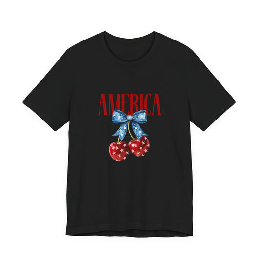 America Cherry Graphic Tee – Patriotic 4th of July Shirt