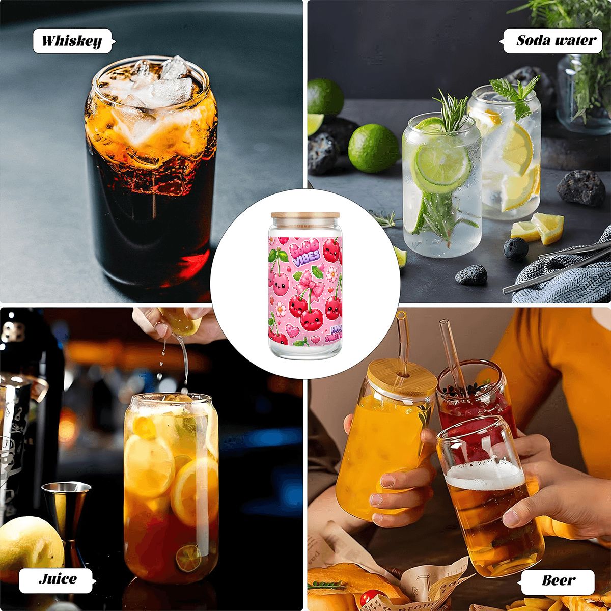 Glass Tumbler with Straw Bamboo Lid (16oz) Cherry Kawaii