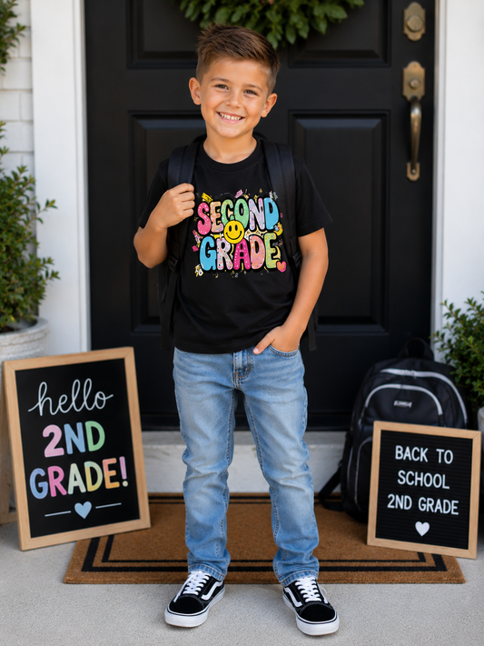 Second Grade Kids T-Shirt — Cute Colorful Back-to-School Tee with Smiley Design