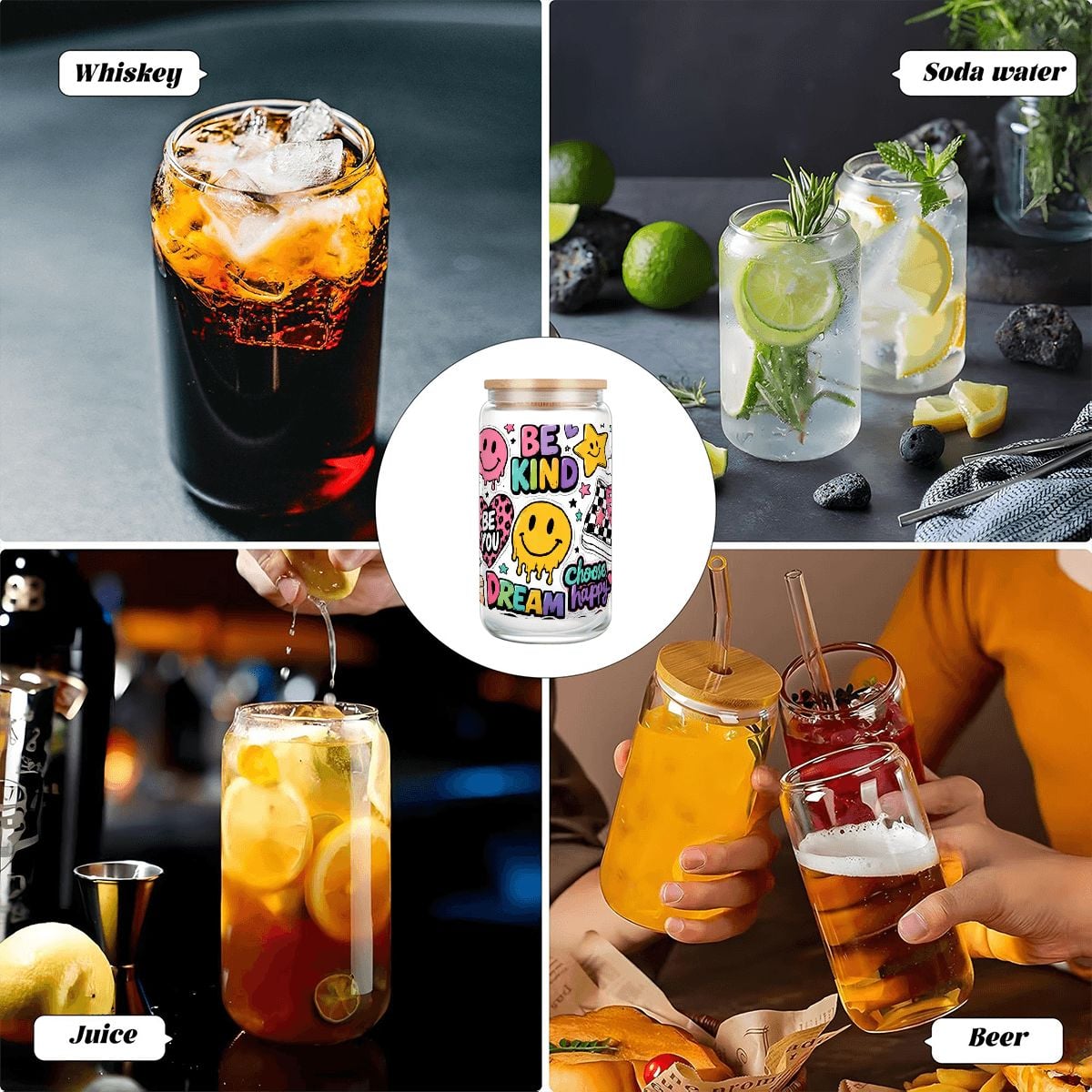 Glass Tumbler with Straw Bamboo Lid (16oz) sticker collage