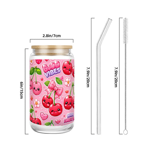 Glass Tumbler with Straw Bamboo Lid (16oz) Cherry Kawaii
