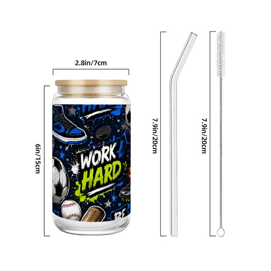 Glass Tumbler with Straw Bamboo Lid (16oz) Sports Collage