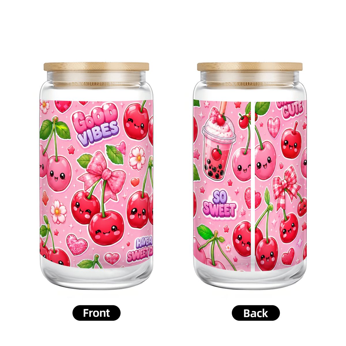 Glass Tumbler with Straw  Bamboo Lid  (16oz) Cherry Kawaii