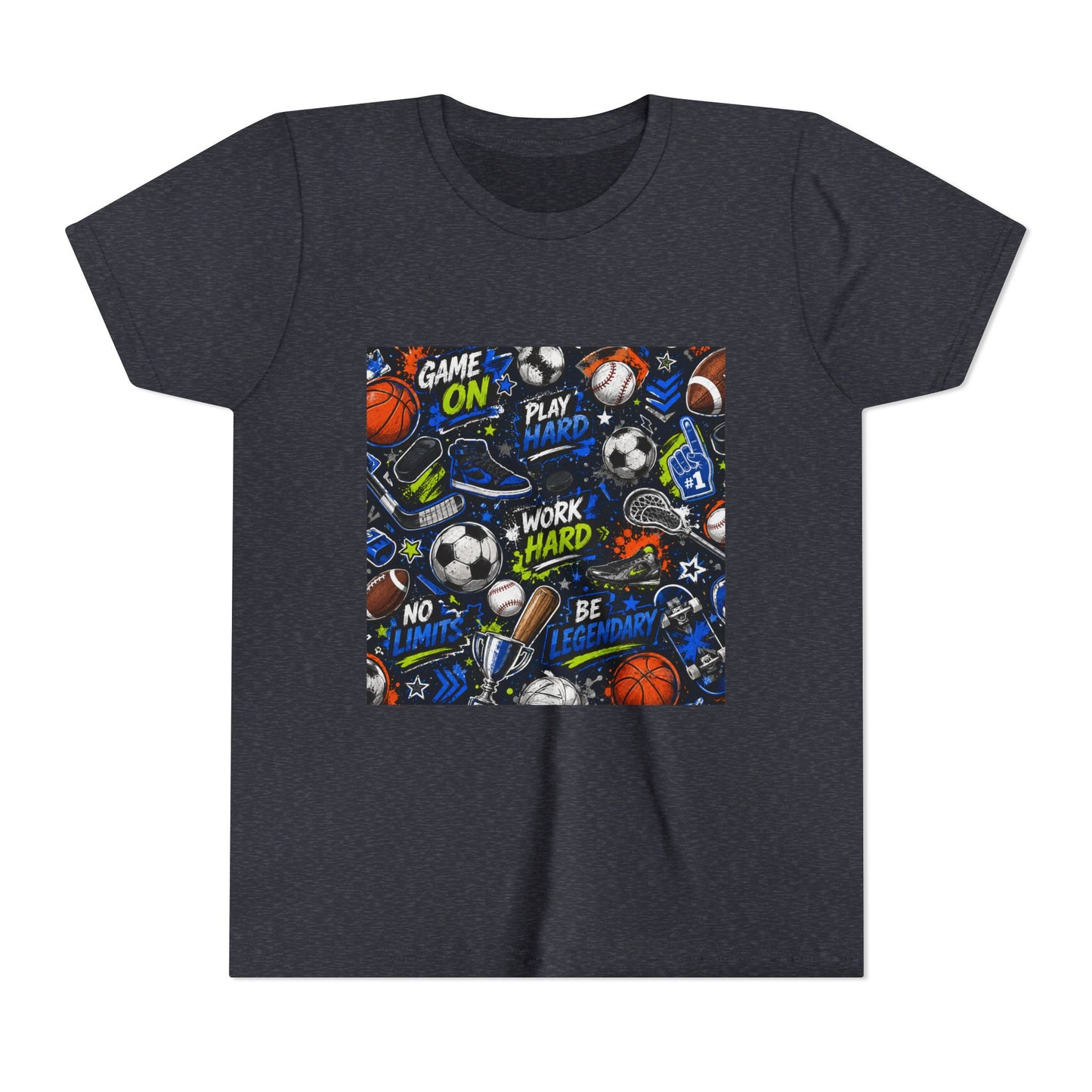 Youth Sports Graphic Tee — "Game On" Motivational Athletic Pattern