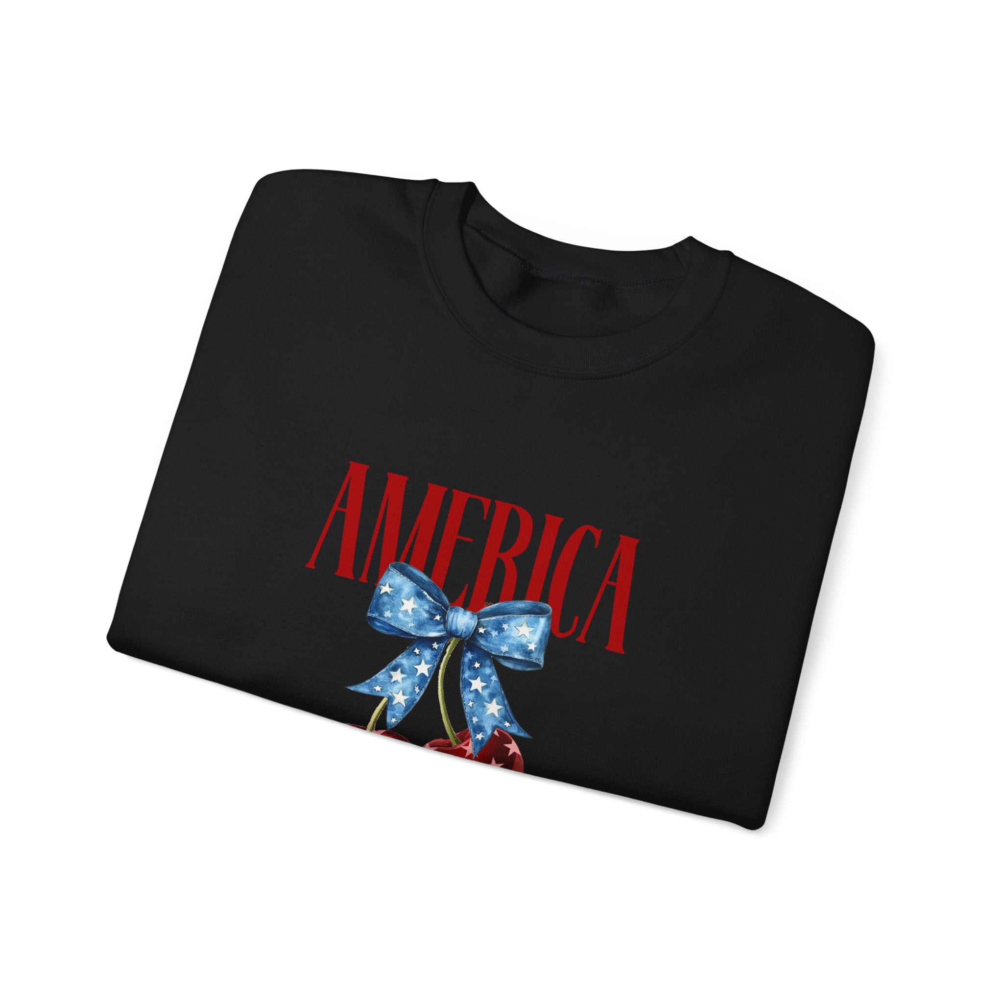 America Cherry Crewneck Sweatshirt - Patriotic Red White Blue Bow Design