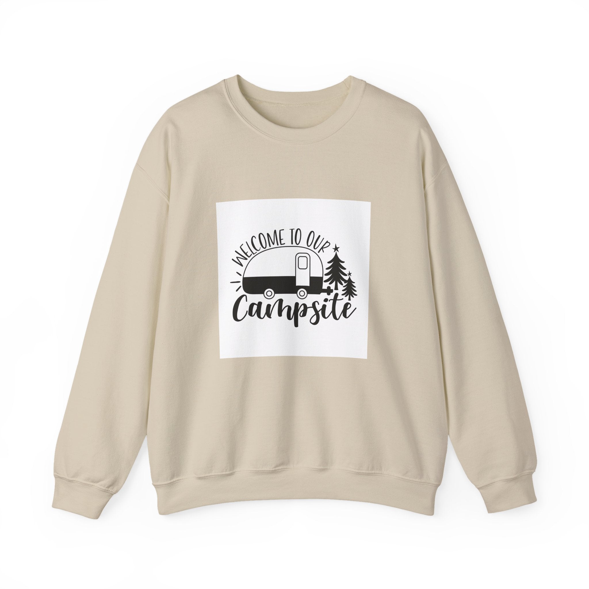 Campsite Crewneck Sweatshirt - "Welcome to Our Campsite" Camper & Pine Trees