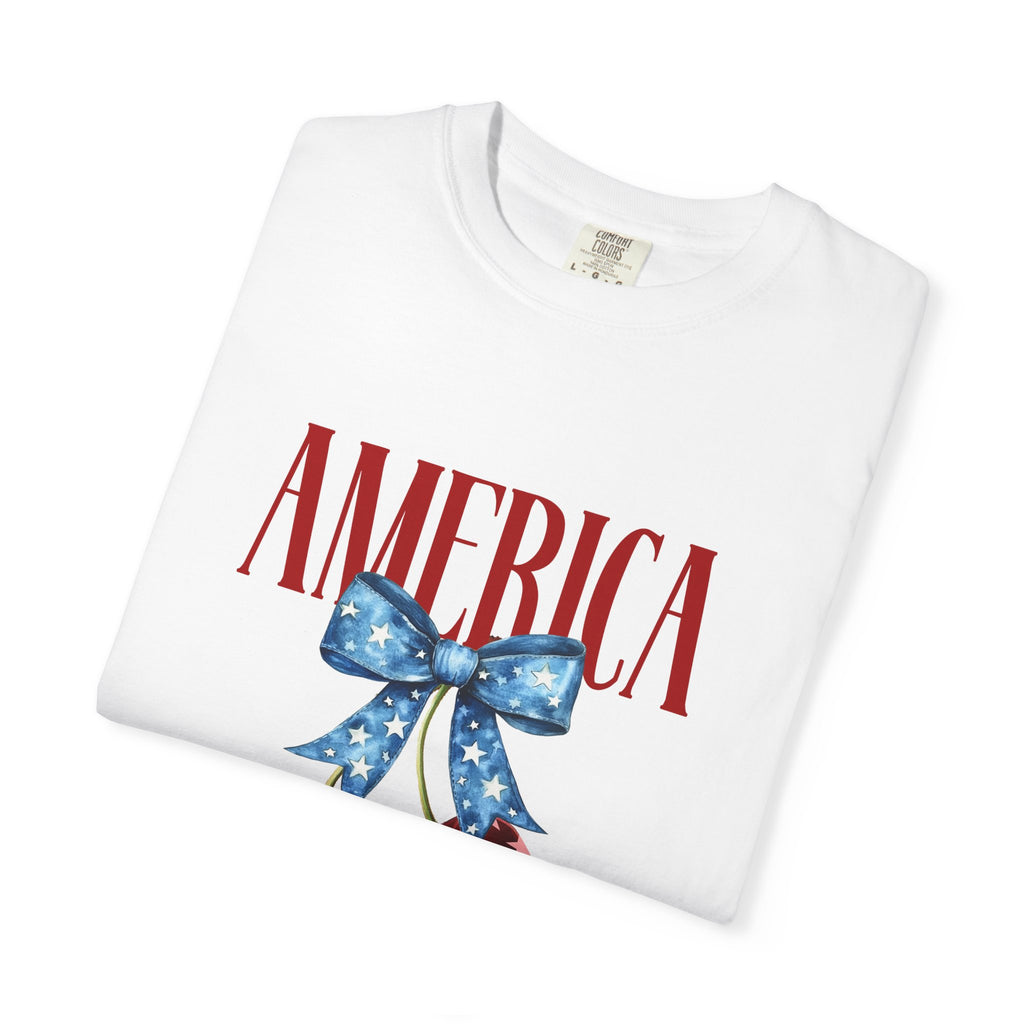 America Cherry Graphic T‑Shirt — Patriotic Stars & Stripes Bow Tee