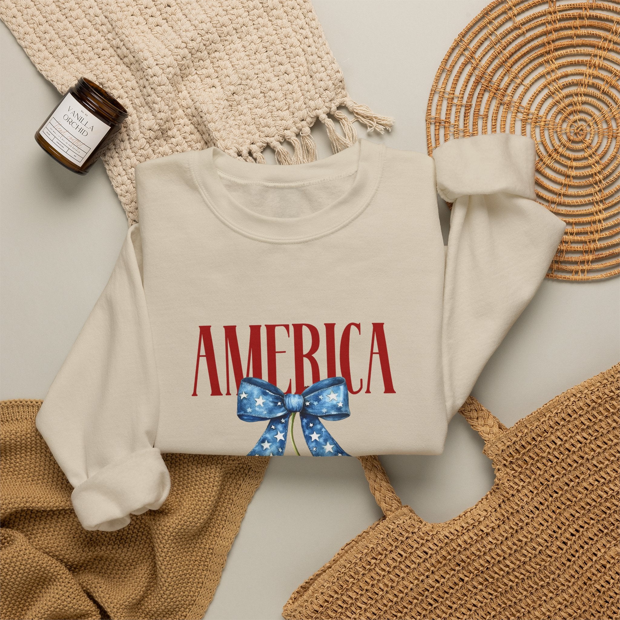 America Cherry Crewneck Sweatshirt - Patriotic Red White Blue Bow Design