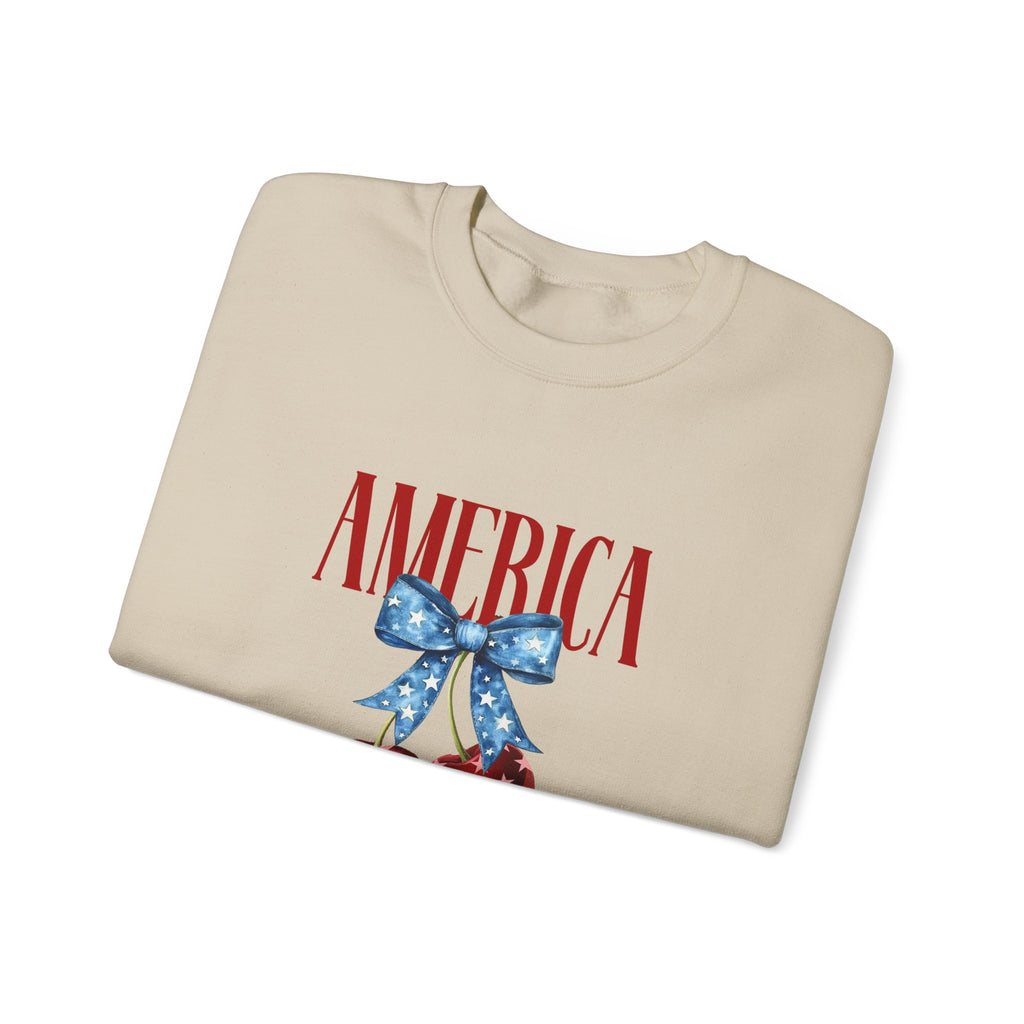 America Cherry Crewneck Sweatshirt - Patriotic Red White Blue Bow Design