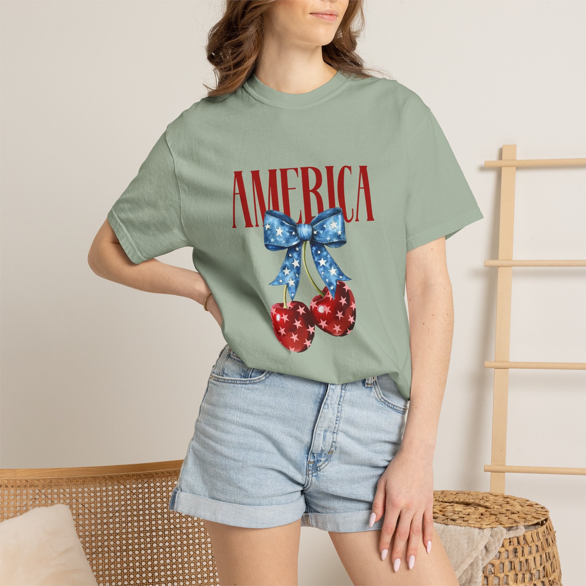 America Cherry Graphic T‑Shirt — Patriotic Stars & Stripes Bow Tee