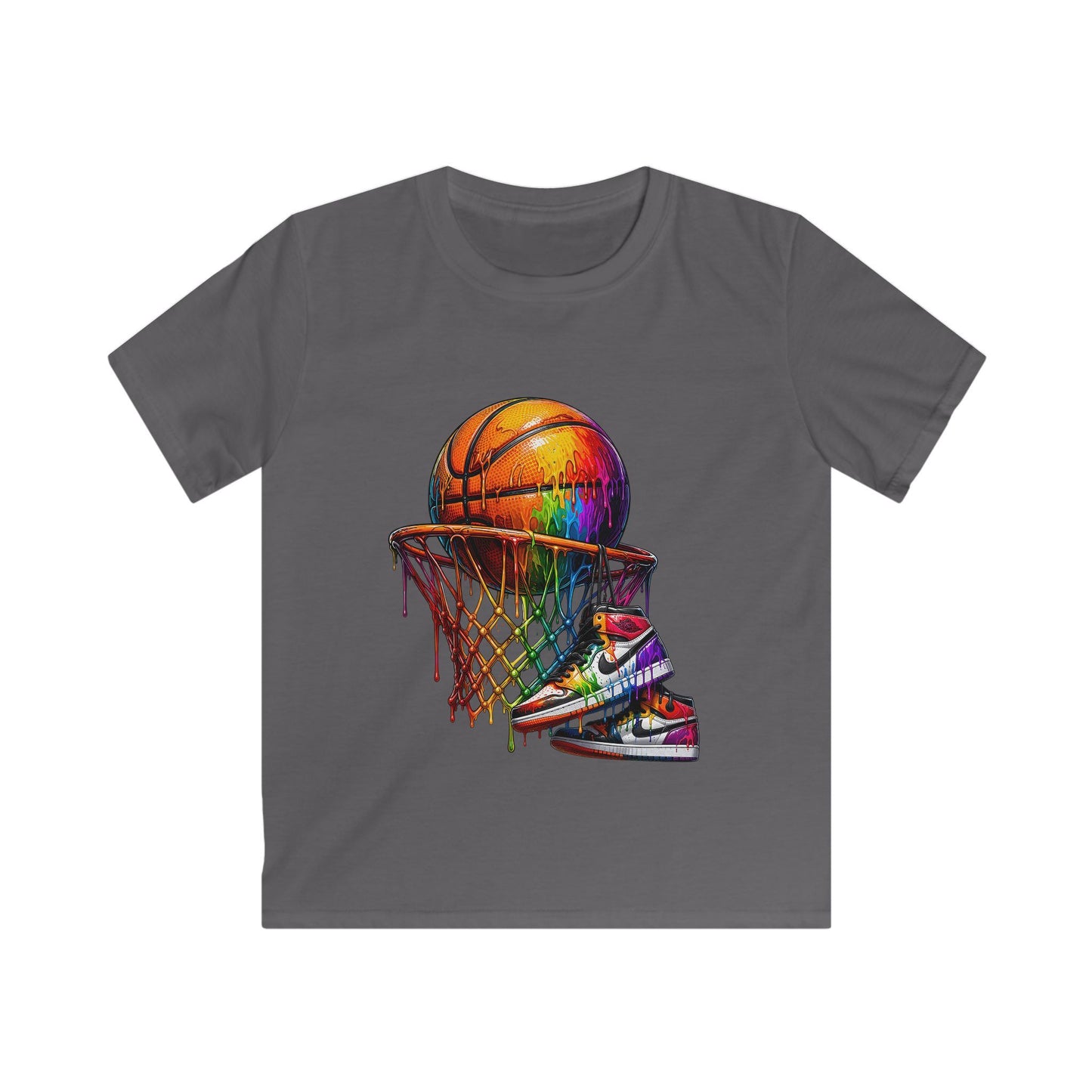 Kids Basketball T‑Shirt — Colorful Sneaker & Net Graphic Tee