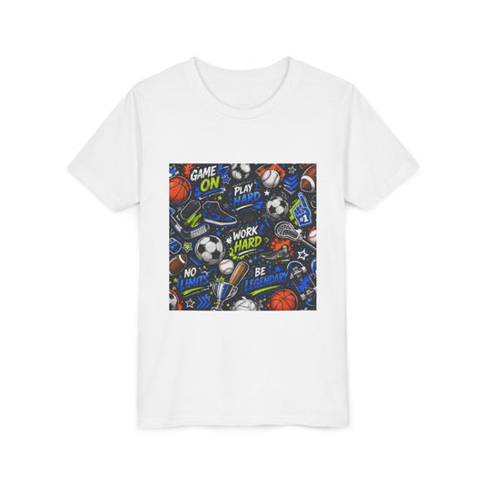 Youth Sports Graphic Tee — "Game On" Motivational Athletic Pattern
