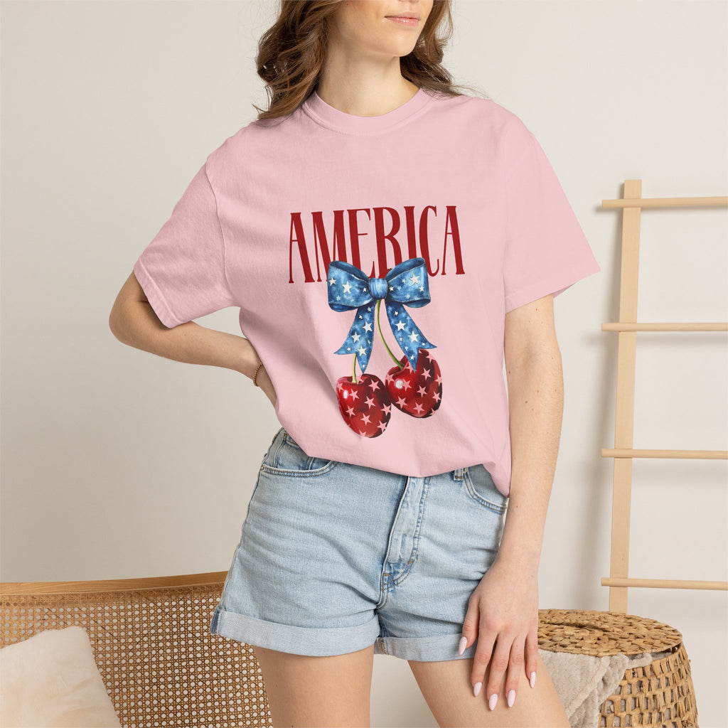 America Cherry Graphic T‑Shirt — Patriotic Stars & Stripes Bow Tee