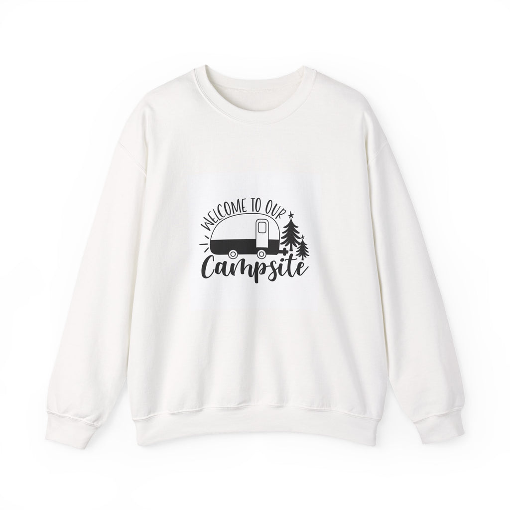 Campsite Crewneck Sweatshirt - "Welcome to Our Campsite" Camper & Pine Trees