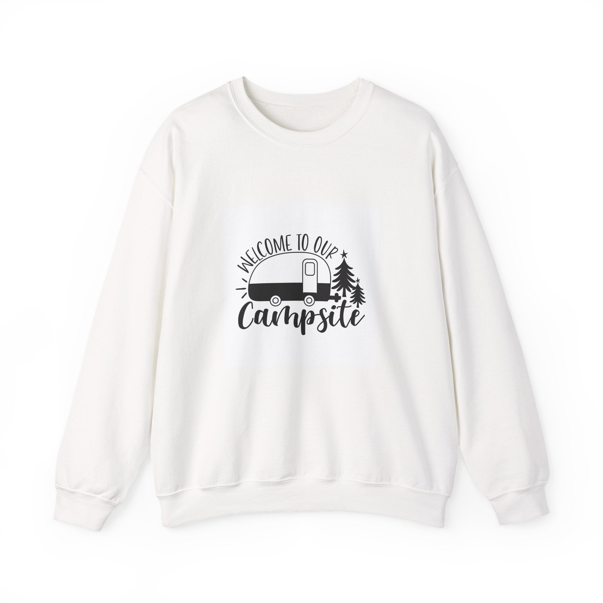 Campsite Crewneck Sweatshirt - "Welcome to Our Campsite" Camper & Pine Trees