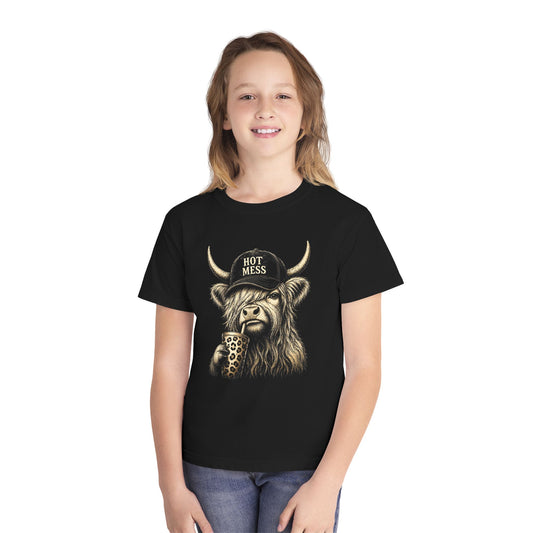 Youth Tee — 'Hot Mess' Highland Cow Graphic Shirt