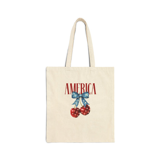 America Cherry Tote Bag — Patriotic Cotton Canvas Grocery Tote