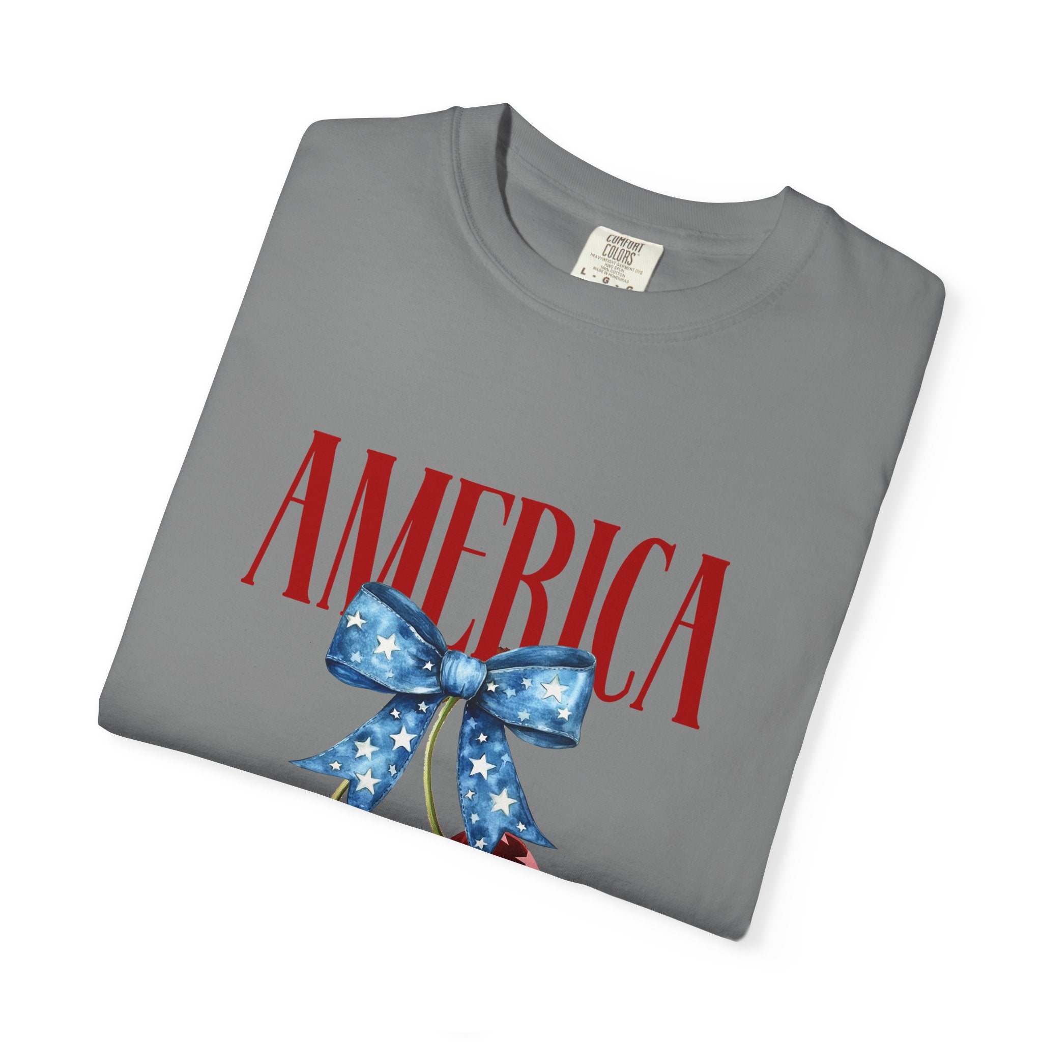 America Cherry Graphic T‑Shirt — Patriotic Stars & Stripes Bow Tee