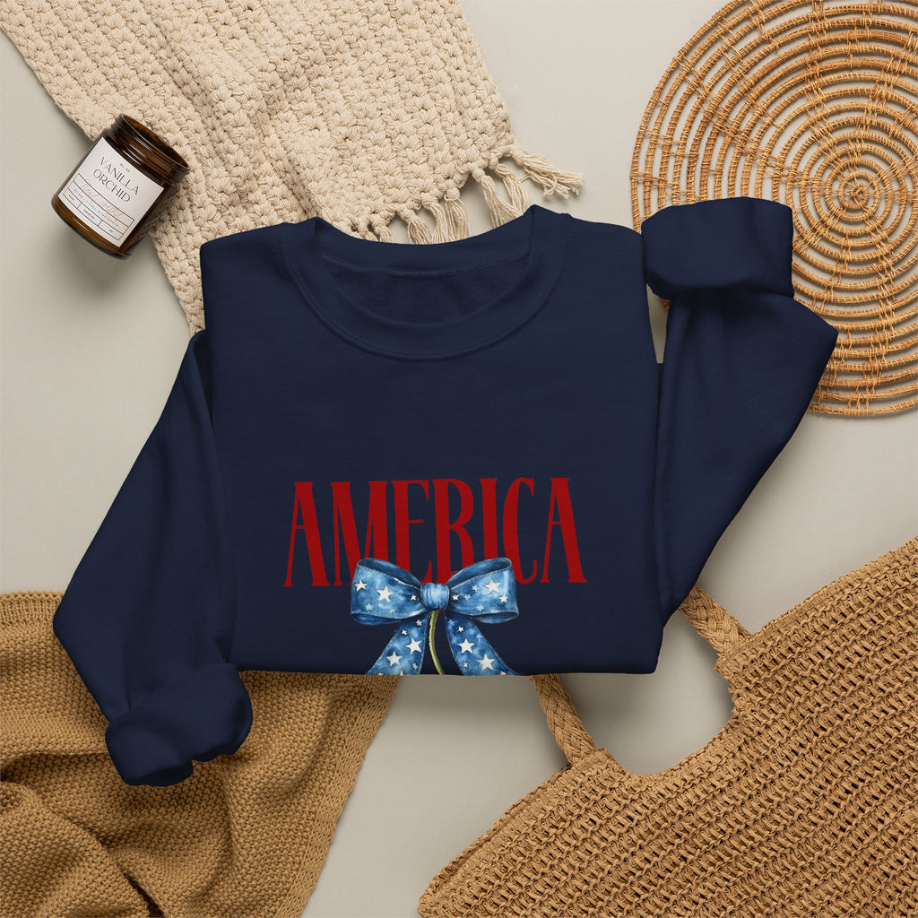 America Cherry Crewneck Sweatshirt - Patriotic Red White Blue Bow Design
