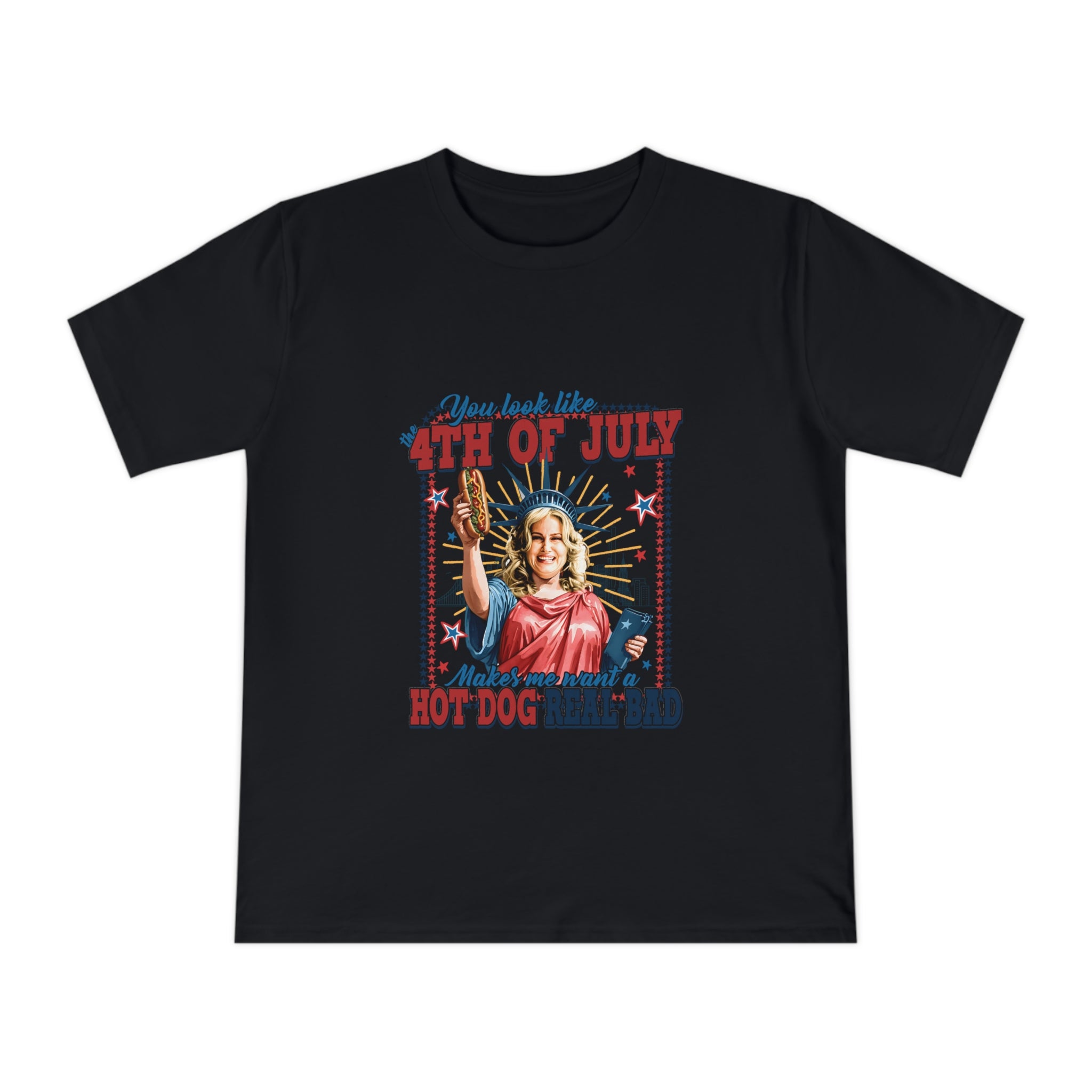 4th of July Hot Dog T-Shirt — Patriotic Retro Statue of Liberty BBQ Tee