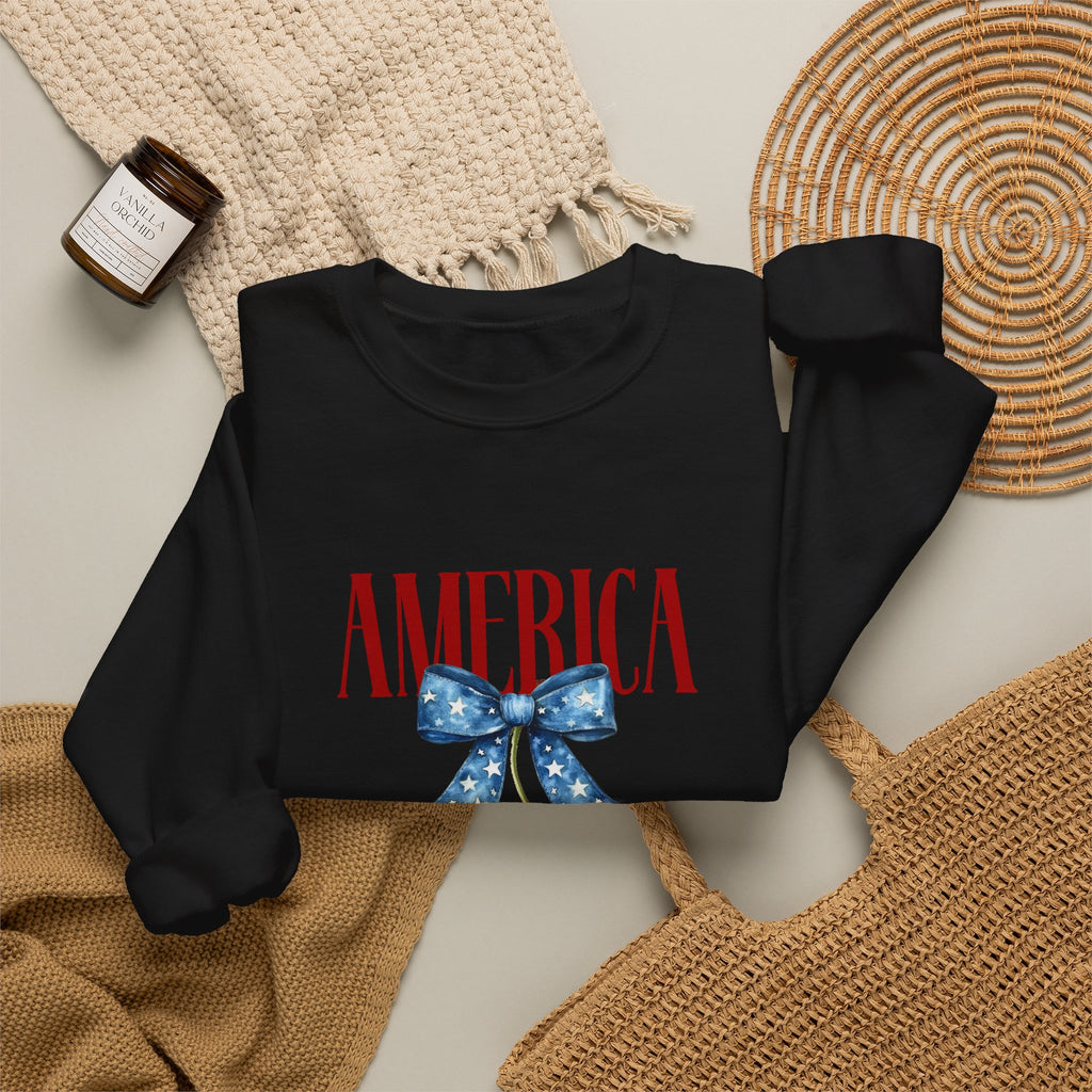 America Cherry Crewneck Sweatshirt - Patriotic Red White Blue Bow Design
