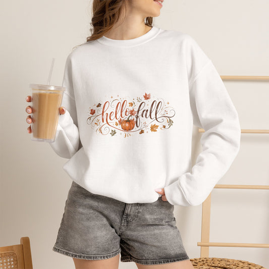 Hello Fall Sweatshirt — Cozy Pumpkin & Leaves Crewneck