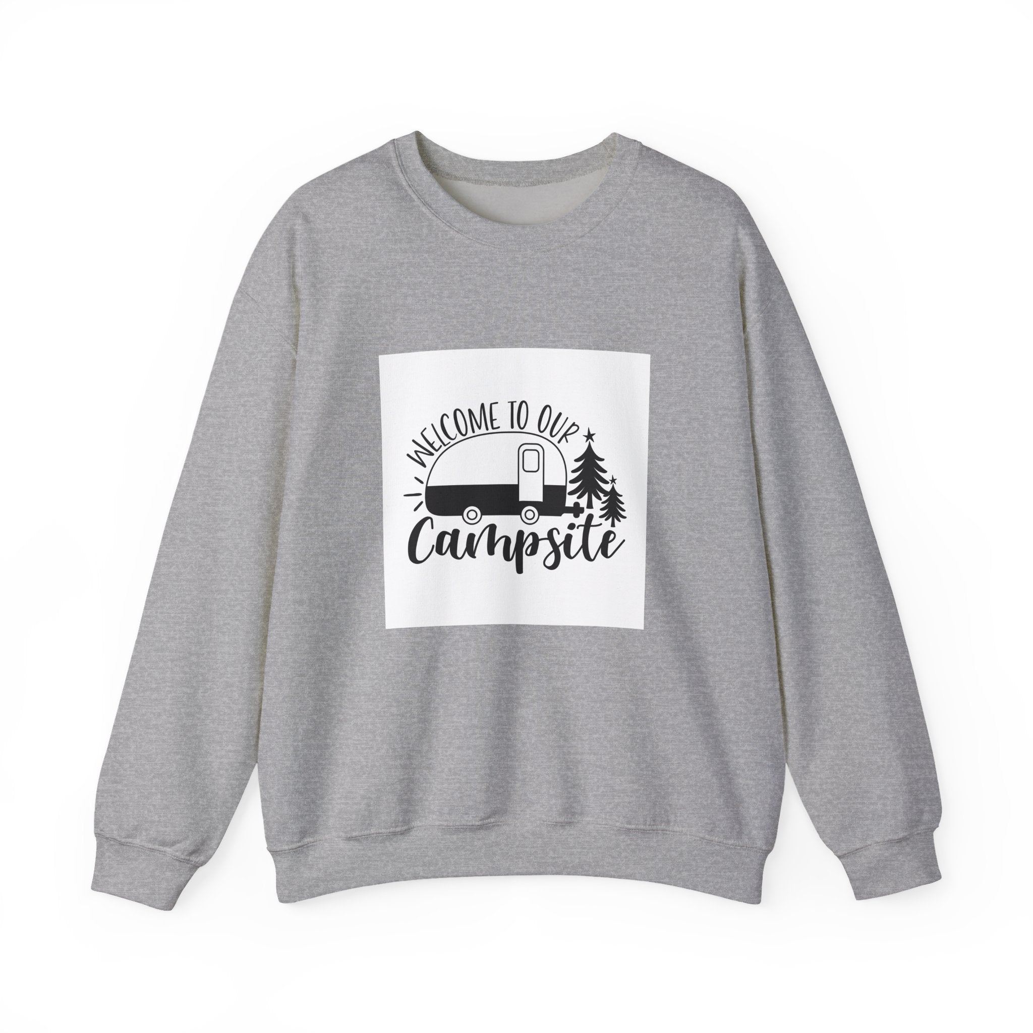 Campsite Crewneck Sweatshirt - "Welcome to Our Campsite" Camper & Pine Trees