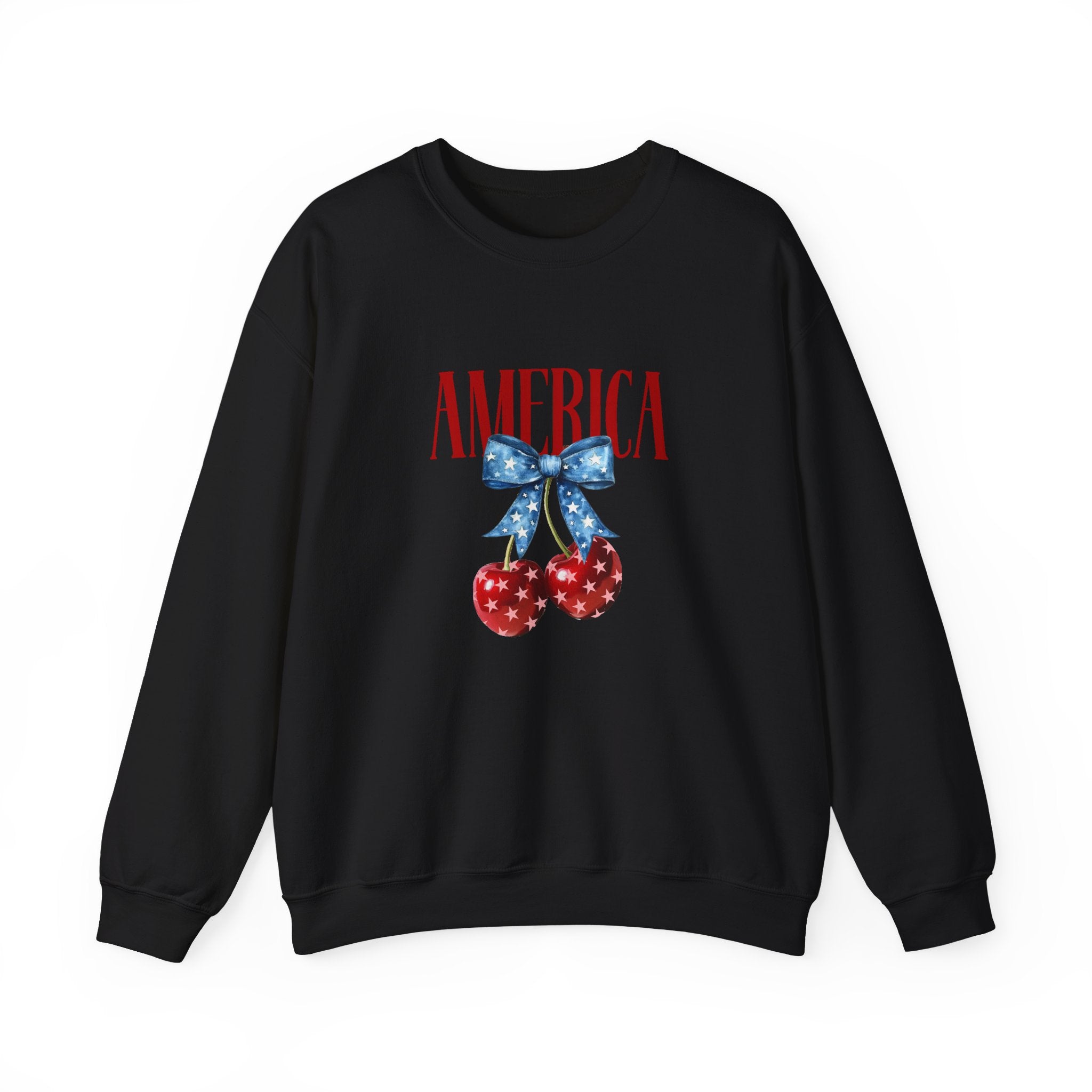 America Cherry Crewneck Sweatshirt - Patriotic Red White Blue Bow Design
