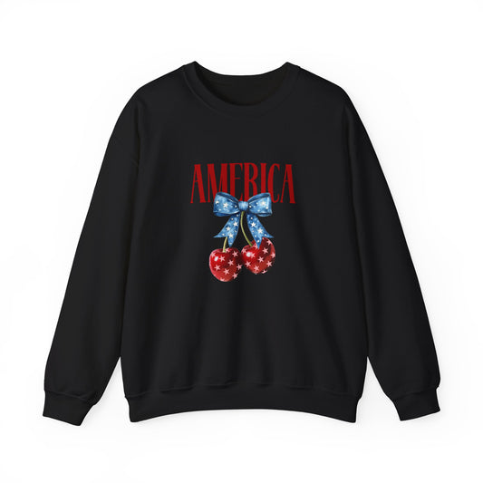 America Cherry Crewneck Sweatshirt - Patriotic Red White Blue Bow Design