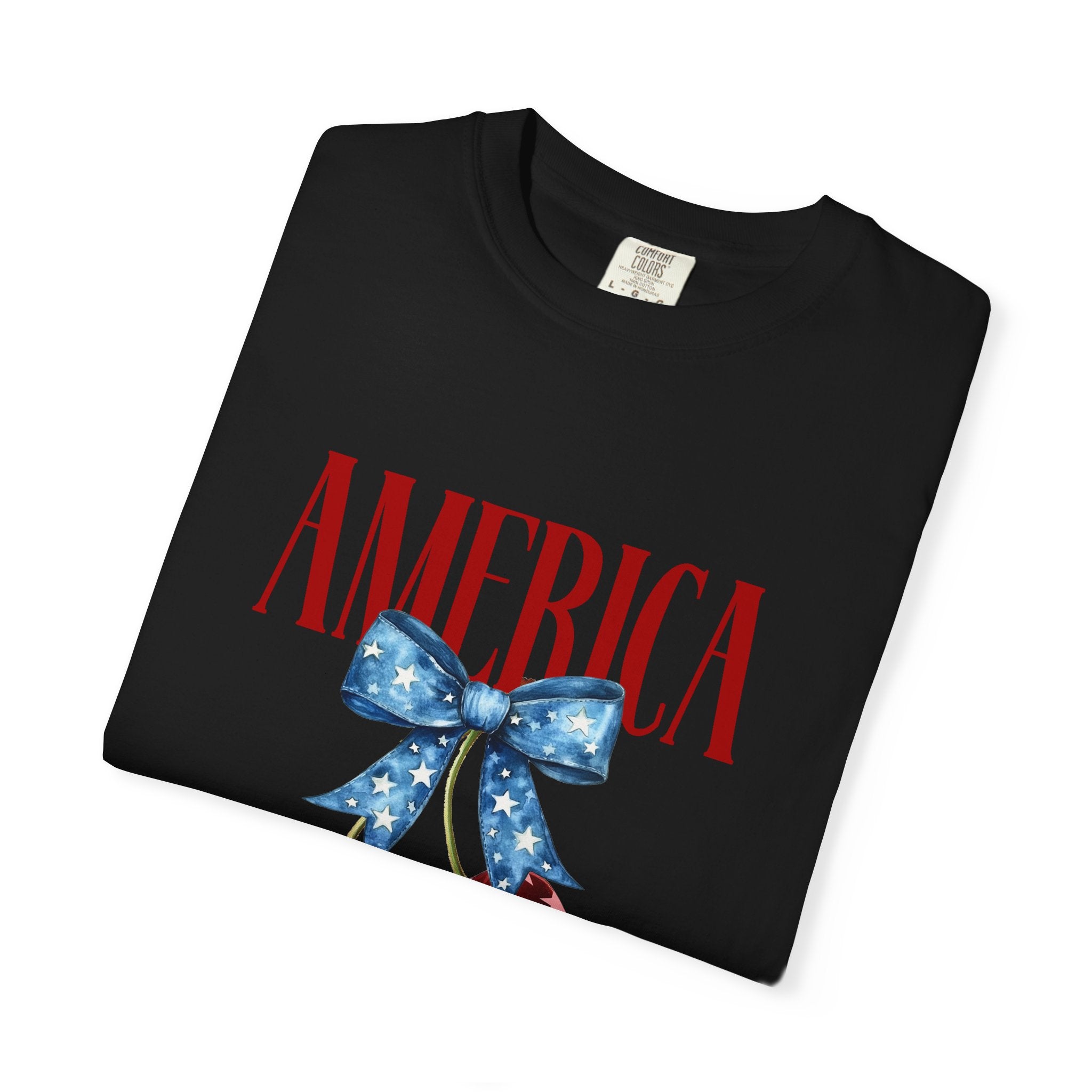 America Cherry Graphic T‑Shirt — Patriotic Stars & Stripes Bow Tee