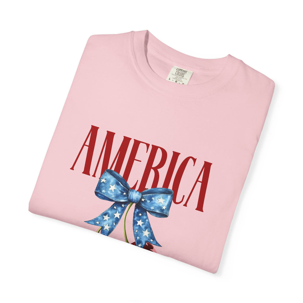 America Cherry Graphic T‑Shirt — Patriotic Stars & Stripes Bow Tee