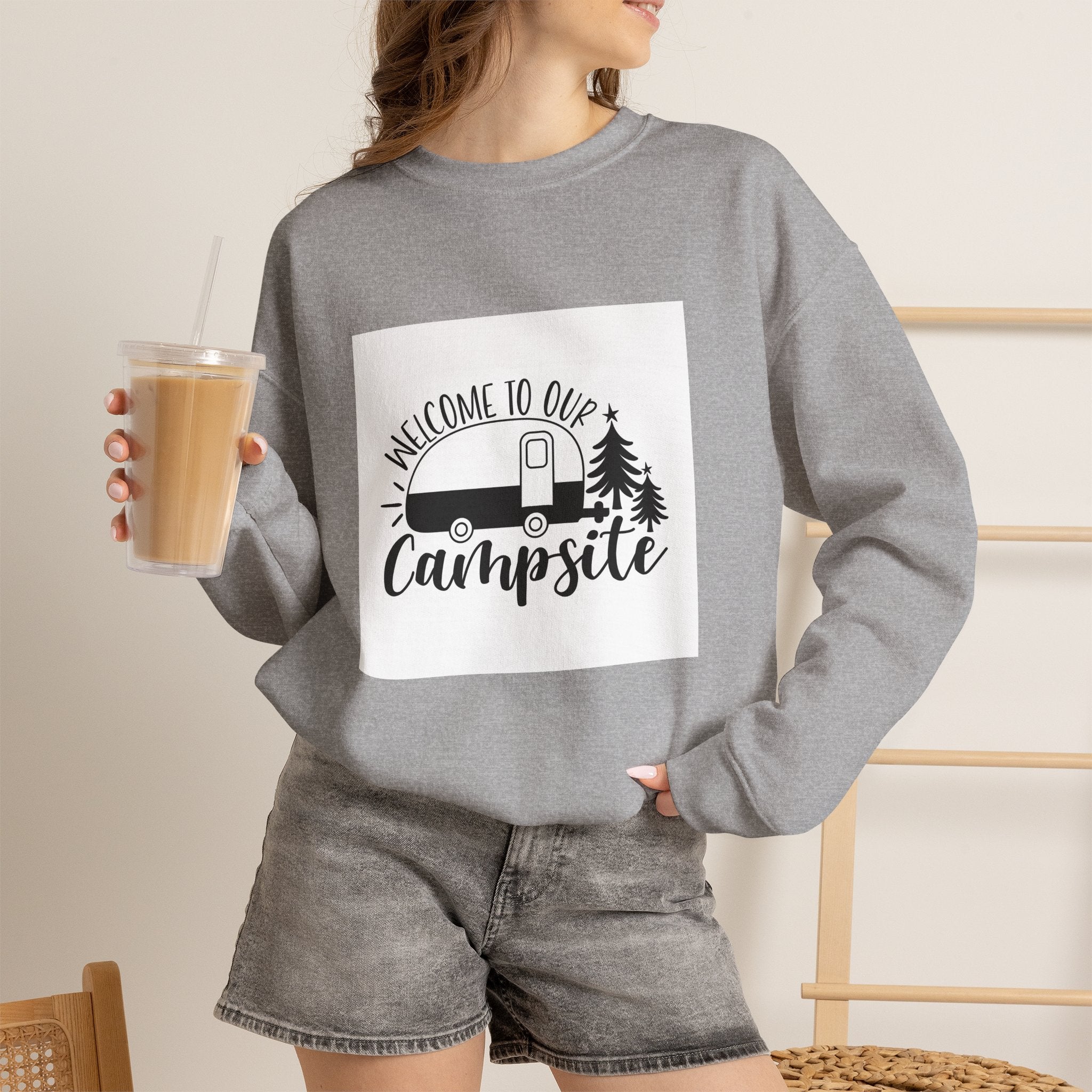 Campsite Crewneck Sweatshirt - "Welcome to Our Campsite" Camper & Pine Trees