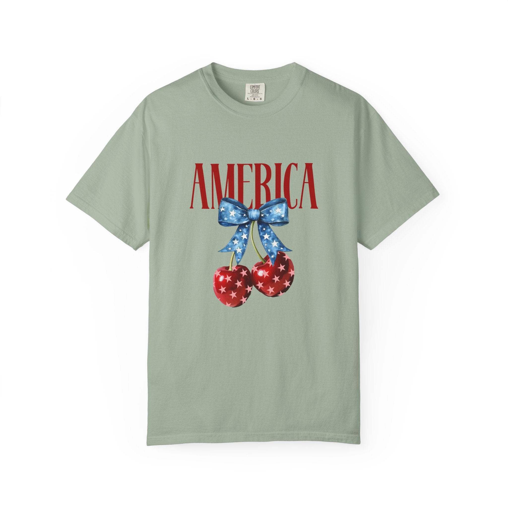 America Cherry Graphic T‑Shirt — Patriotic Stars & Stripes Bow Tee