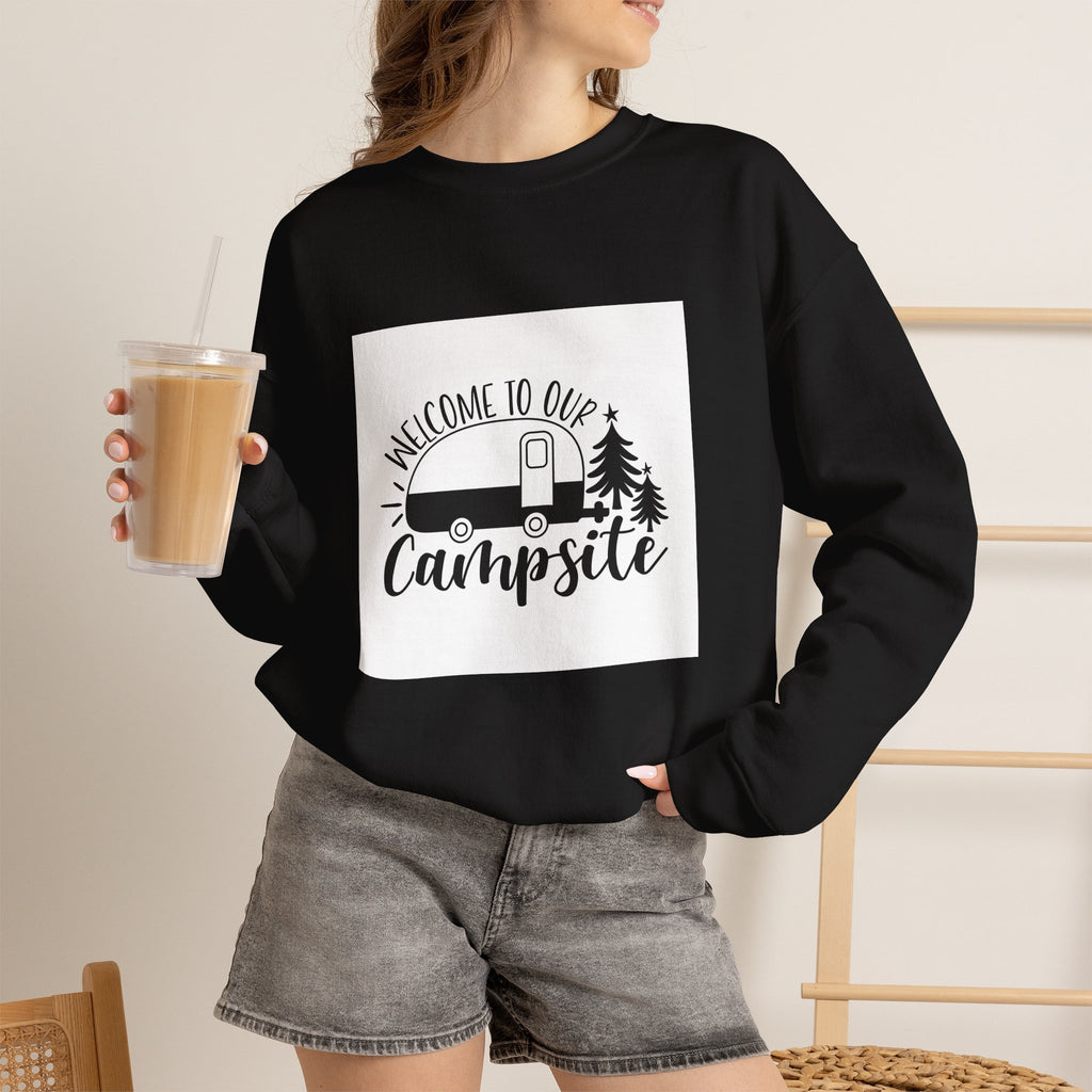 Campsite Crewneck Sweatshirt - "Welcome to Our Campsite" Camper & Pine Trees