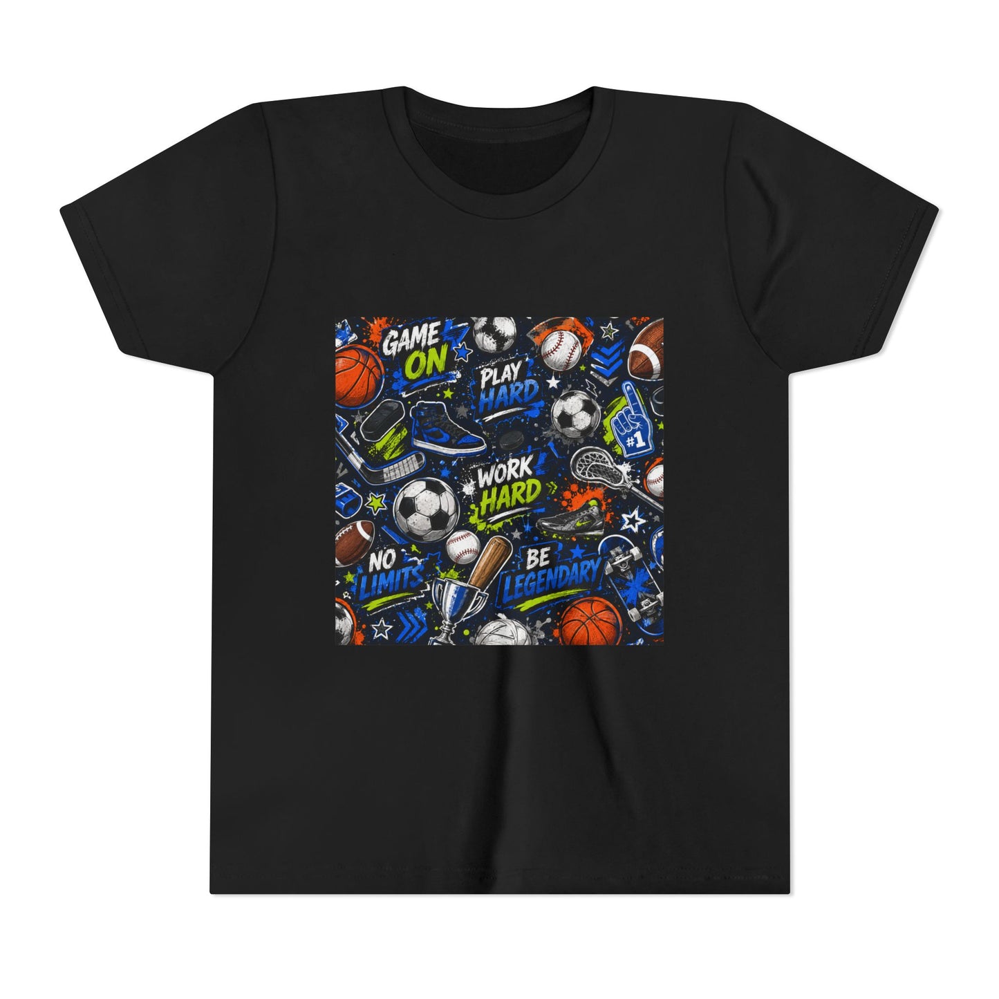 Youth Sports Graphic Tee — "Game On" Motivational Athletic Pattern