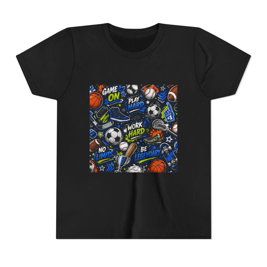 Youth Sports Graphic Tee — "Game On" Motivational Athletic Pattern