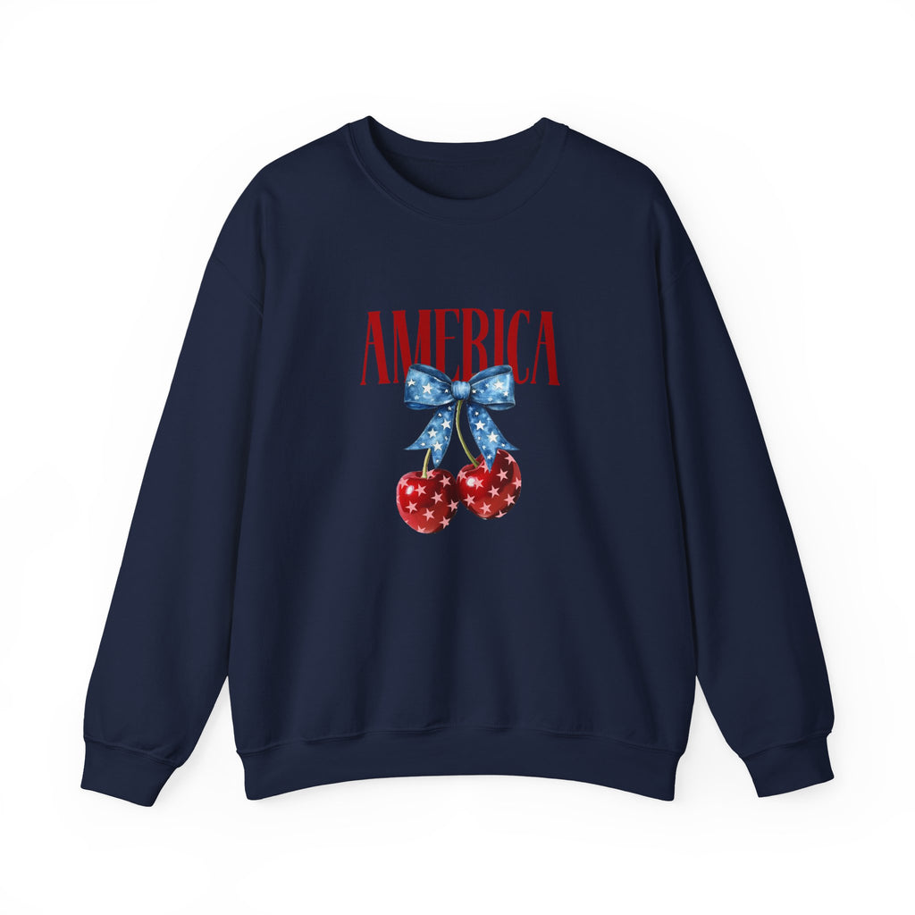 America Cherry Crewneck Sweatshirt - Patriotic Red White Blue Bow Design