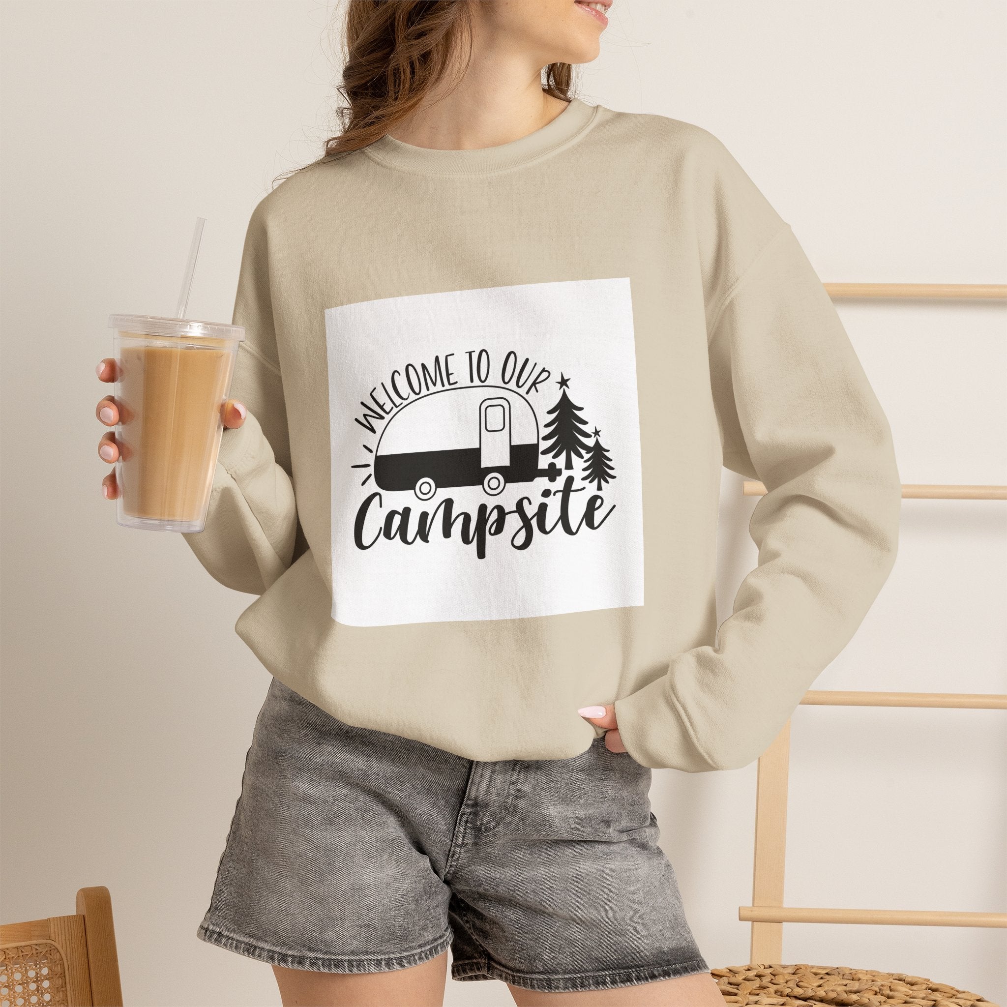 Campsite Crewneck Sweatshirt - "Welcome to Our Campsite" Camper & Pine Trees