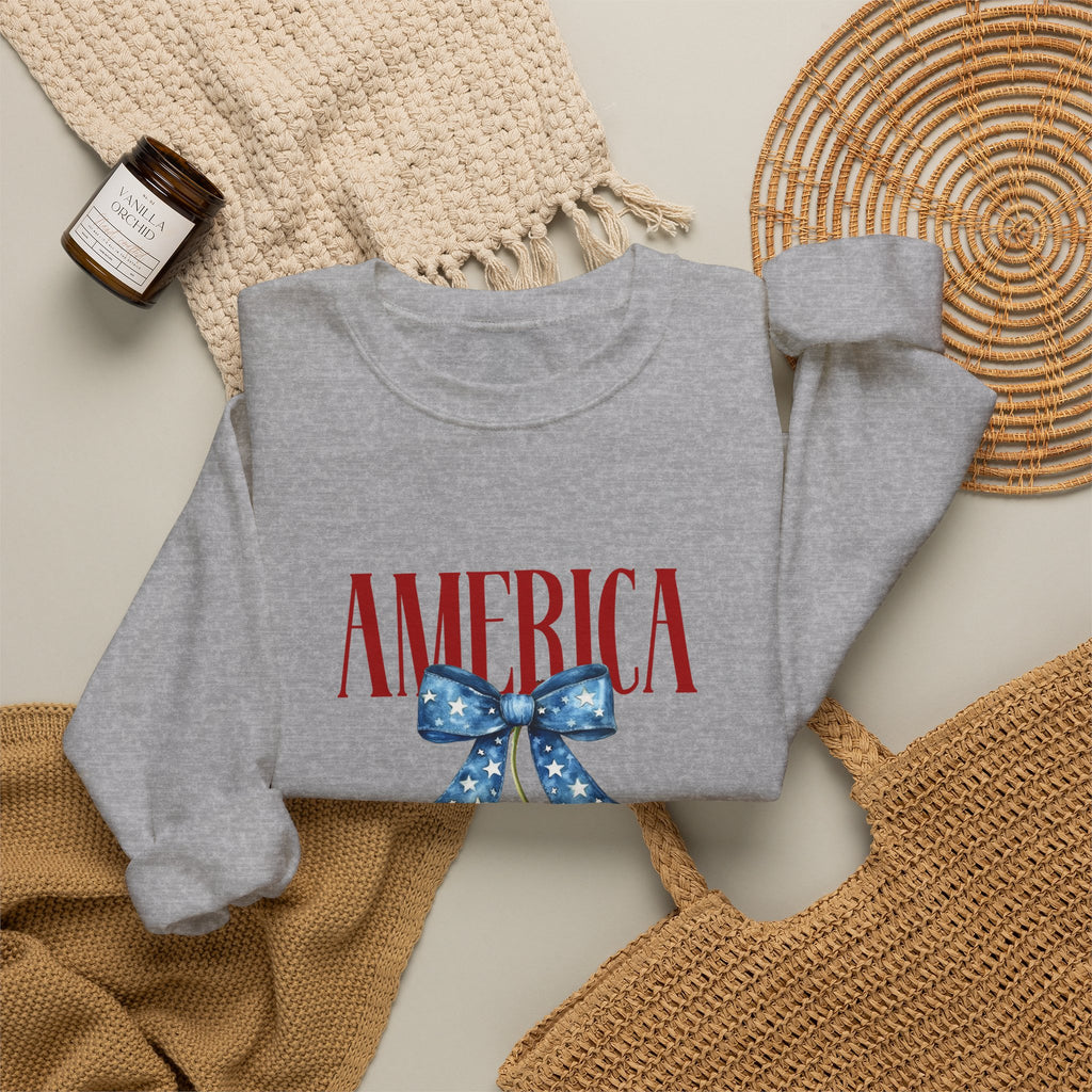 America Cherry Crewneck Sweatshirt - Patriotic Red White Blue Bow Design