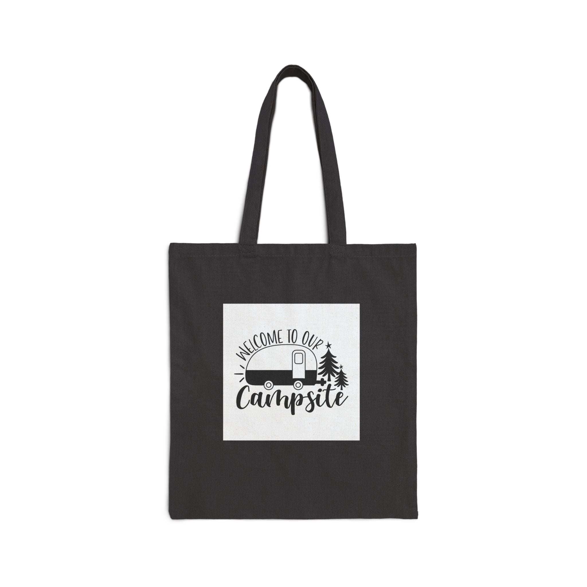 Campsite Canvas Tote Bag — "Welcome to Our Campsite" Camper & Trees