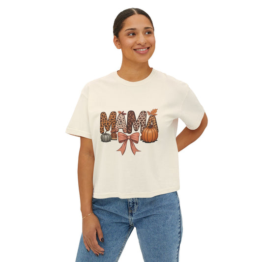 Mama Fall Pumpkin Tee — Leopard Print & Bow Women's Boxy T-Shirt
