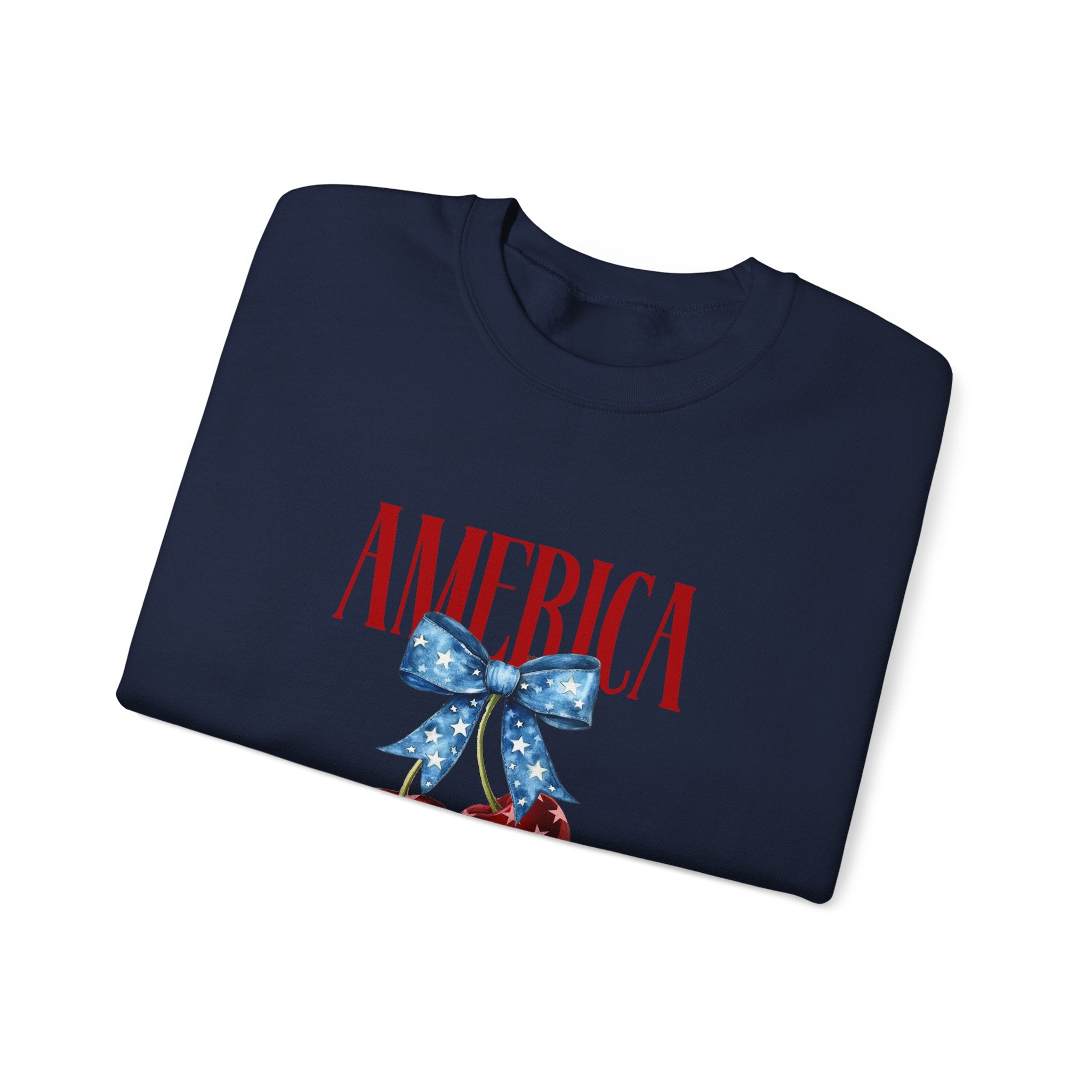 America Cherry Crewneck Sweatshirt - Patriotic Red White Blue Bow Design