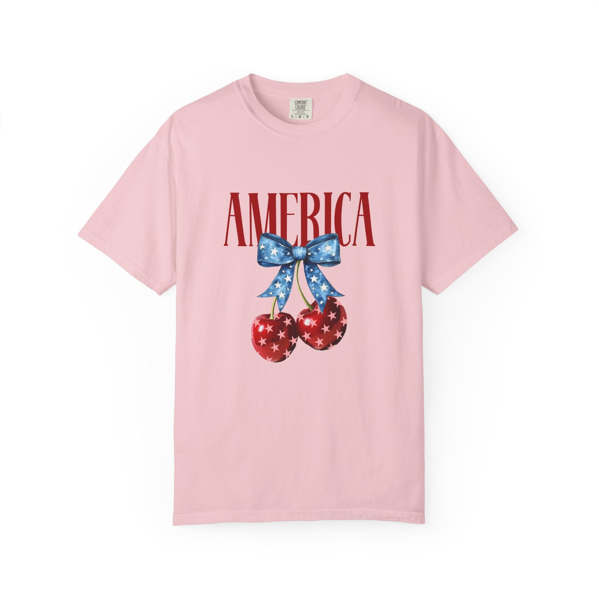 America Cherry Graphic T‑Shirt — Patriotic Stars & Stripes Bow Tee