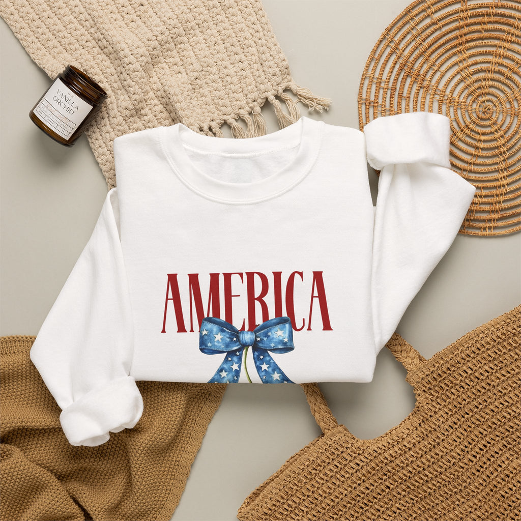 America Cherry Crewneck Sweatshirt - Patriotic Red White Blue Bow Design