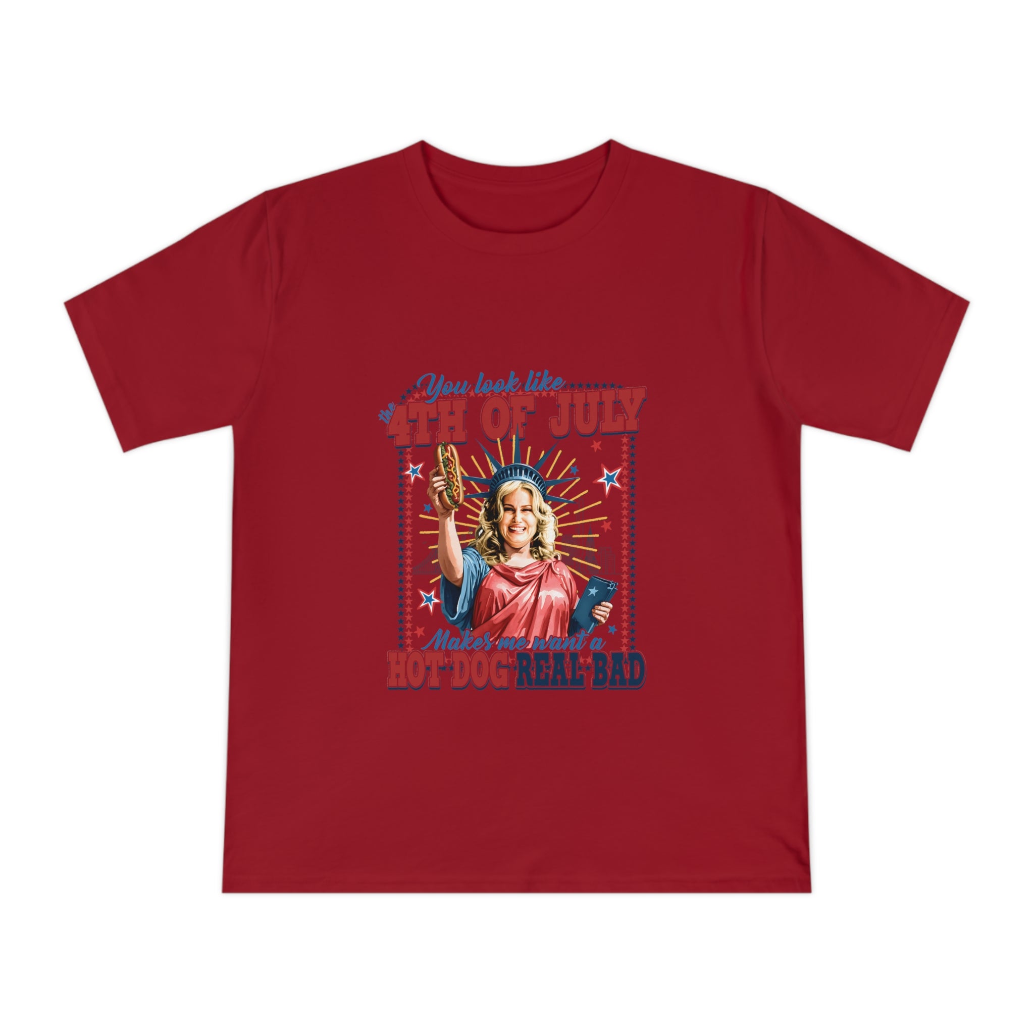 4th of July Hot Dog T-Shirt — Patriotic Retro Statue of Liberty BBQ Tee