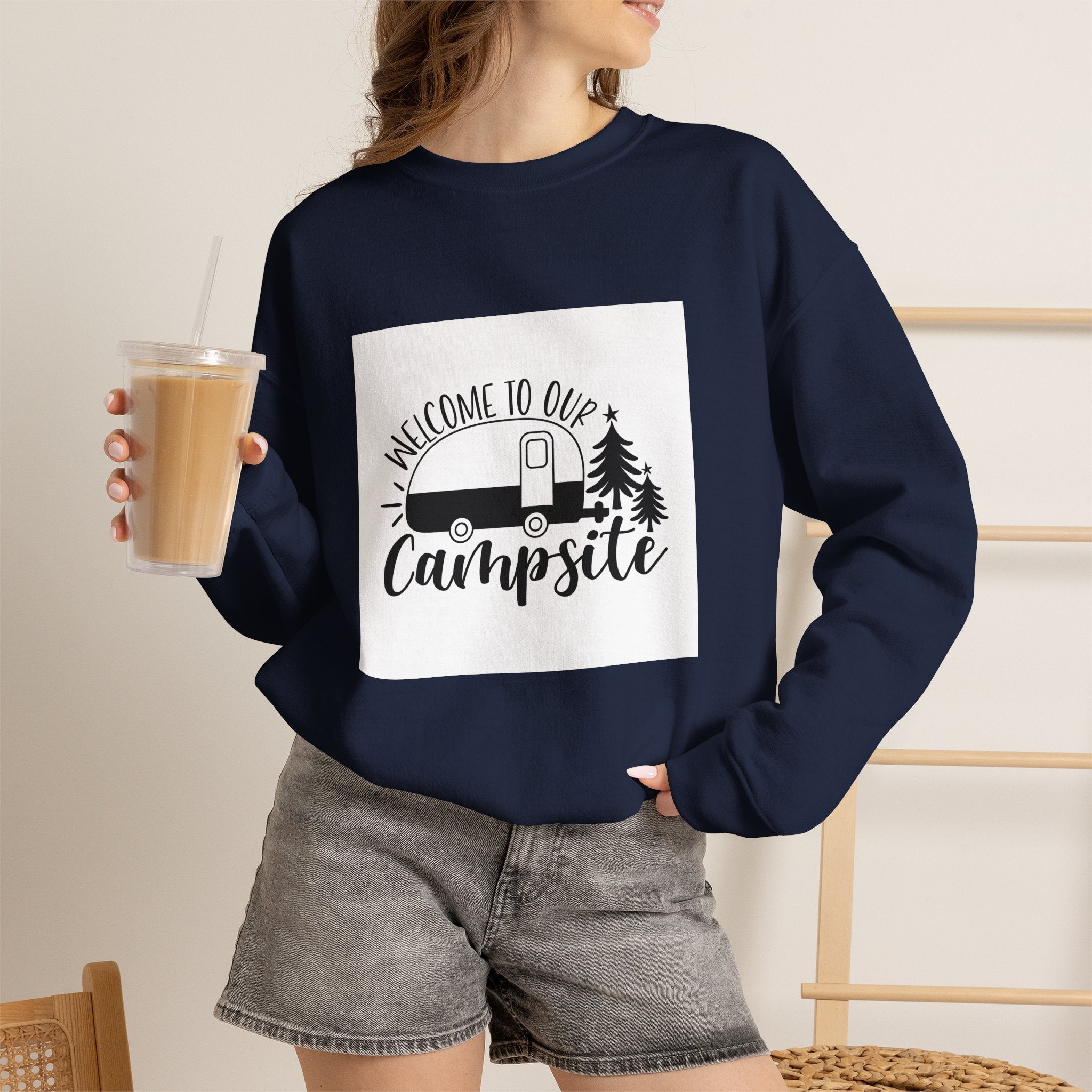 Campsite Crewneck Sweatshirt - "Welcome to Our Campsite" Camper & Pine Trees