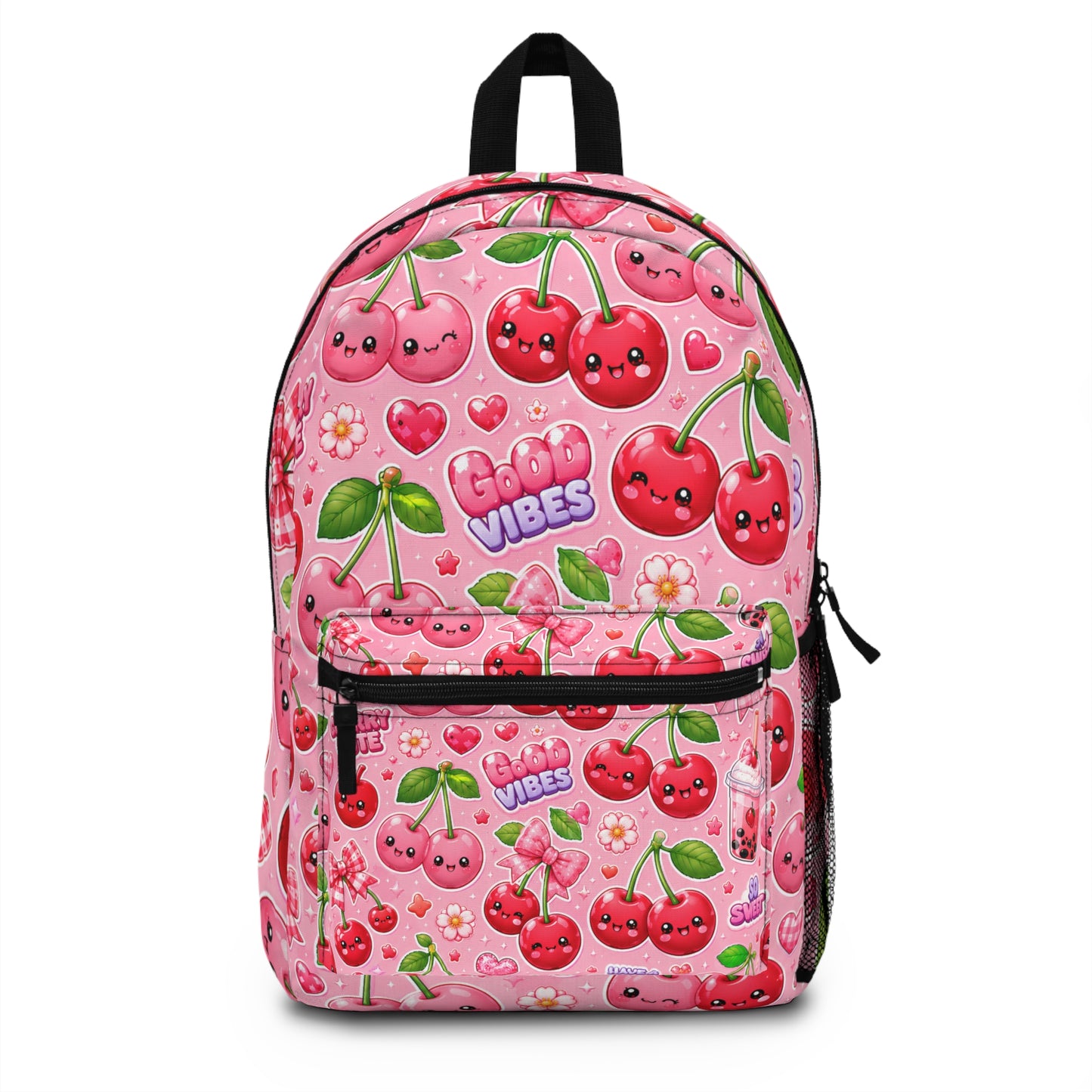 Cherry Vibes Backpack — Cute Pink Kawaii Cherries "Good Vibes" School Bag