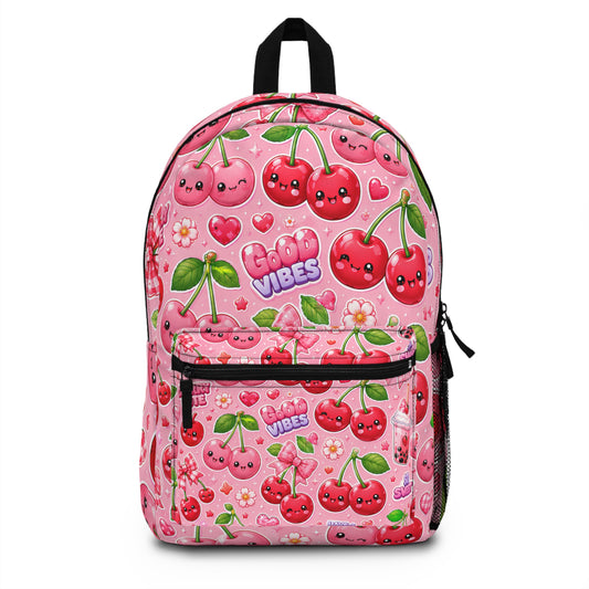 Cherry Vibes Backpack — Cute Pink Kawaii Cherries "Good Vibes" School Bag
