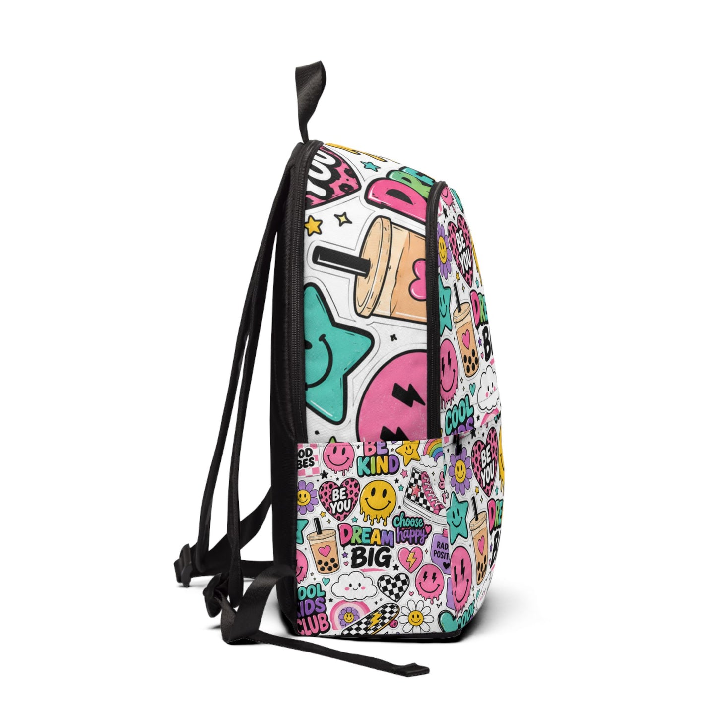 Doodle Sticker Print Backpack — "Dream Big" Cute Emoji School Bag