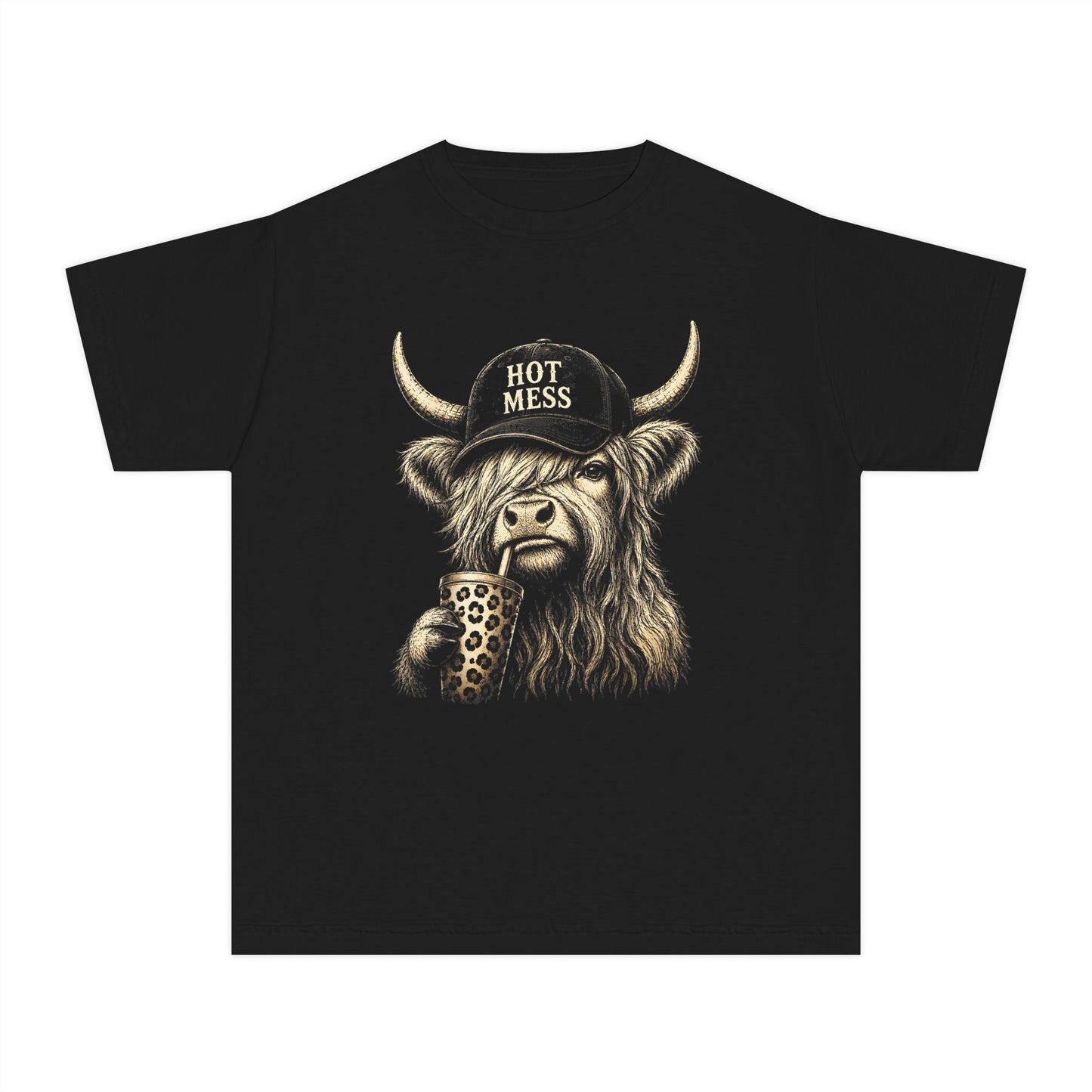 Youth Tee — 'Hot Mess' Highland Cow Graphic Shirt